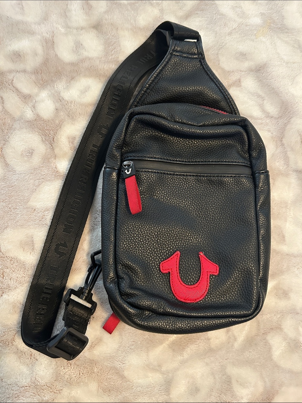True Religion Leather Black Crossbody Sling Bag with Red Accents